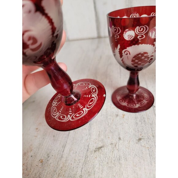 Egermann red cup Bohemian etched glass set collectible vintage - Picture 12 of 13